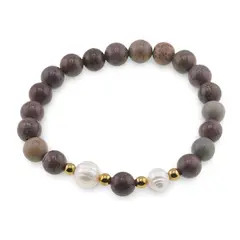 Bratara pe elastic Perle de cultura, bumbi aurii si Jasp policrom sfere 8mm