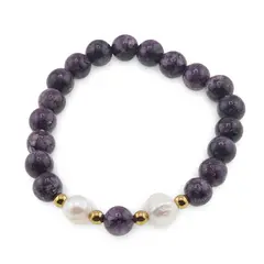Bratara pe elastic Perle de cultura, bumbi aurii si Jasp sesame mov sfere 8mm