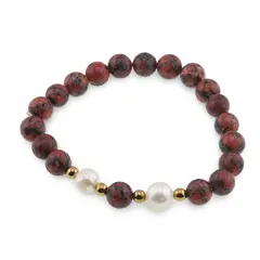 Bratara pe elastic Perle de cultura, bumbi aurii si Jasp sesame rosu sfere 8mm