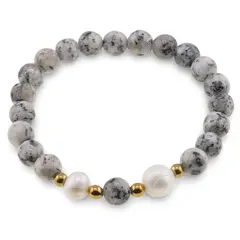 Bratara pe elastic Perle de cultura, bumbi aurii si Jasp sesame sfere 8mm