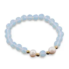 Bratara pe elastic Perle de cultura, bumbi aurii si Opalit sfere fatetate 8mm