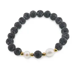 Bratara pe elastic Perle de cultura, bumbi aurii si Roca vulcanica sfere 8mm