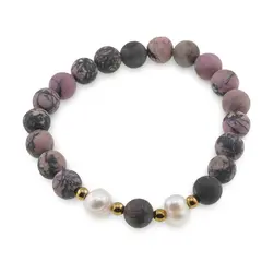 Bratara pe elastic Perle de cultura, bumbi aurii si Rodonit sfere mate 8mm