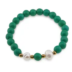 Bratara pe elastic Perle de cultura, bumbi aurii si Turcoaz verde sfere 8mm