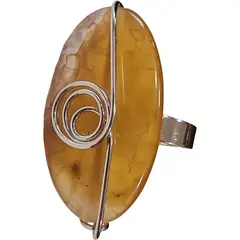 Inel reglabil Agat galben oval, metal argintiu si sarma