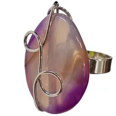 Inel reglabil Agat gri cu mov oval, metal argintiu si sarma