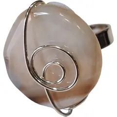 Inel reglabil Agat natural rotund, metal argintiu si sarma