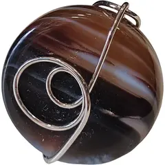 Inel reglabil Agat negru rotund, metal argintiu si sarma
