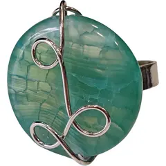 Inel reglabil Agat verde rotund, metal argintiu si sarma