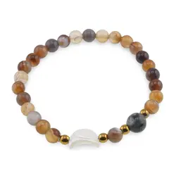 Bratara Agat maro sfere 6mm, Larvikit 8mm si luna din Sidef 12mm cu bumbi aurii