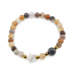 Bratara Agat maro sfere 6mm, Larvikit 8mm si steluta din Sidef 10mm cu bumbi aurii