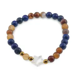 Bratara Agat maro si Lapis Lazuli sfere 6mm, Larvikit 8mm si steluta din Sidef 10mm cu bumbi aurii