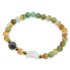 Bratara Agat verde cu galben sfere 6mm, Larvikit 8mm si luna din Sidef 12mm cu bumbi aurii
