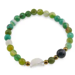 Bratara Agat verde sfere fatetate 6mm, Larvikit 8mm si luna din Sidef 12mm cu bumbi aurii