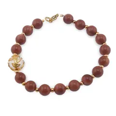 Bratara Goldstone maro sfere 8mm, Perla de cultura cu flori aurii si bumbi aurii