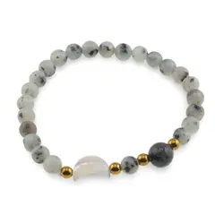 Bratara Jasp kiwi sfere 6mm, Larvikit 8mm si luna din Sidef 12mm cu bumbi aurii