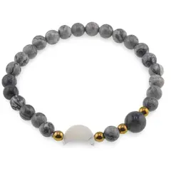 Bratara Jasp Picasso sfere 6mm, Larvikit 8mm si luna din Sidef 12mm cu bumbi aurii