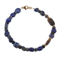Bratara Lapis lazuli si Ochi de tigru neregulat 6-10mm, Obsidian fulg de nea discuri fatetate 4mm