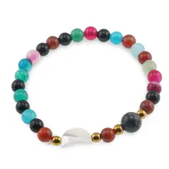 Bratara Mix Agate colorate sfere 6mm, Larvikit 8mm si luna din Sidef 12mm cu bumbi aurii