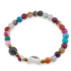 Bratara Mix Agate colorate sfere fatetate 6mm, Larvikit 8mm si luna din Sidef 12mm cu bumbi aurii