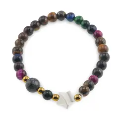 Bratara mix Ochi de tigru colorat sfere 6mm, Larvikit 8mm si steluta din Sidef 10mm cu bumbi aurii