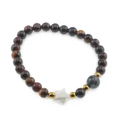 Bratara mix Ochi de tigru si Ochi de taur sfere 6mm, Larvikit 8mm si steluta din Sidef 10mm cu bumbi aurii
