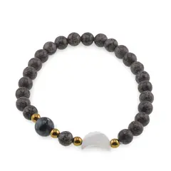 Bratara Obsidian fulg de nea maro sfere 6mm, Larvikit 8mm si luna din Sidef 12mm cu bumbi aurii