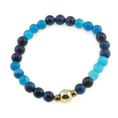 Bratara Ochi de tigru albastru si Agat albastru sfere cu bumbi aurii si element, 6mm