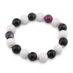 Bratara pe elastic cu Onix alb si Agat negru sfere fatetate 10mm, Ochi de tigru roz sfera 10mm