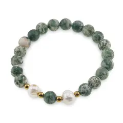 Bratara pe elastic Perle de cultura, bumbi aurii si Agat de copac sfere 8mm