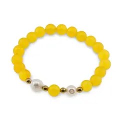 Bratara pe elastic Perle de cultura, bumbi aurii si Agat galben sfere 8mm