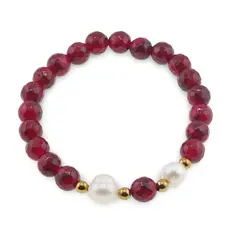 Bratara pe elastic Perle de cultura, bumbi aurii si Agat roz sfere fatetate 8mm