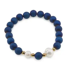 Bratara pe elastic Perle de cultura, bumbi aurii si Cuart druzy electroplacat albastru sfere 8mm