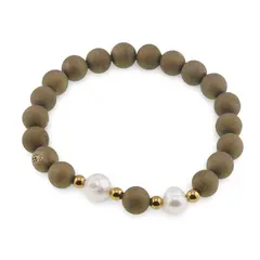 Bratara pe elastic Perle de cultura, bumbi aurii si Cuart druzy electroplacat auriu sfere 8mm