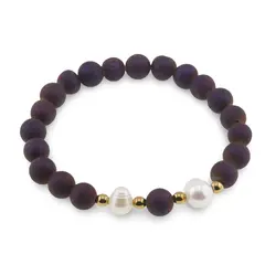 Bratara pe elastic Perle de cultura, bumbi aurii si Cuart druzy electroplacat mov sfere 8mm