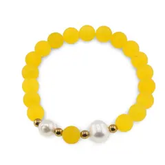 Bratara pe elastic Perle de cultura, bumbi aurii si Cuart galben sfere mate 8mm