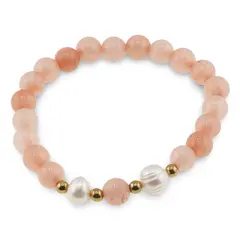Bratara pe elastic Perle de cultura, bumbi aurii si Cuart piersica sfere 8mm