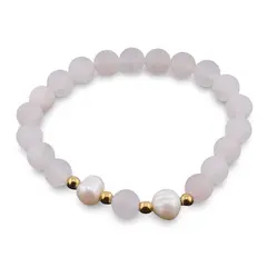 Bratara pe elastic Perle de cultura, bumbi aurii si Cuart roz sfere mate 8mm