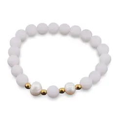 Bratara pe elastic Perle de cultura, bumbi aurii si Cuart sfere mate 8mm