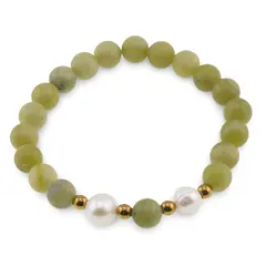 Bratara pe elastic Perle de cultura, bumbi aurii si Jad serpentin piatra infinitului sfere mate 8mm