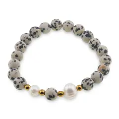 Bratara pe elastic Perle de cultura, bumbi aurii si Jasp dalmatian sfere mate 8mm