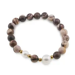 Bratara pe elastic Perle de cultura, bumbi aurii si Jasp zebra sfere 8mm