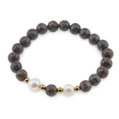 Bratara pe elastic Perle de cultura, bumbi aurii si Obsidian fulg de nea maro sfere 8mm