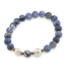 Bratara pe elastic Perle de cultura, bumbi aurii si Sodalit sfere mate 8mm