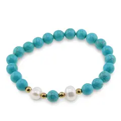 Bratara pe elastic Perle de cultura, bumbi aurii si Turcoaz sfere 8mm