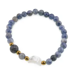 Bratara Sodalit sfere 6mm, Larvikit 8mm si luna din Sidef 12mm cu bumbi aurii
