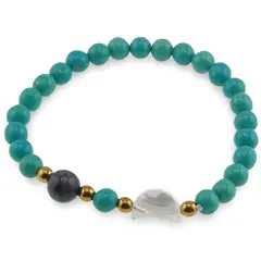 Bratara Turcoaz verde sfere 6mm, Larvikit 8mm si luna din Sidef 12mm cu bumbi aurii
