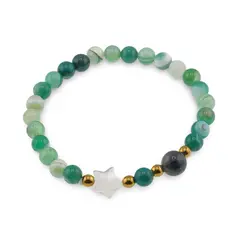 Bratara Agat verde sfere 6mm, Larvikit 8mm si steluta din Sidef 10mm cu bumbi aurii