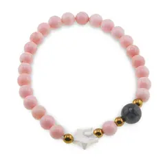 Bratara Coral roz sfere 6mm, Larvikit 8mm si steluta din Sidef 10mm cu bumbi aurii