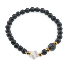 Bratara Goldstone albastru sfere 6mm, Larvikit 8mm si steluta din Sidef 10mm cu bumbi aurii